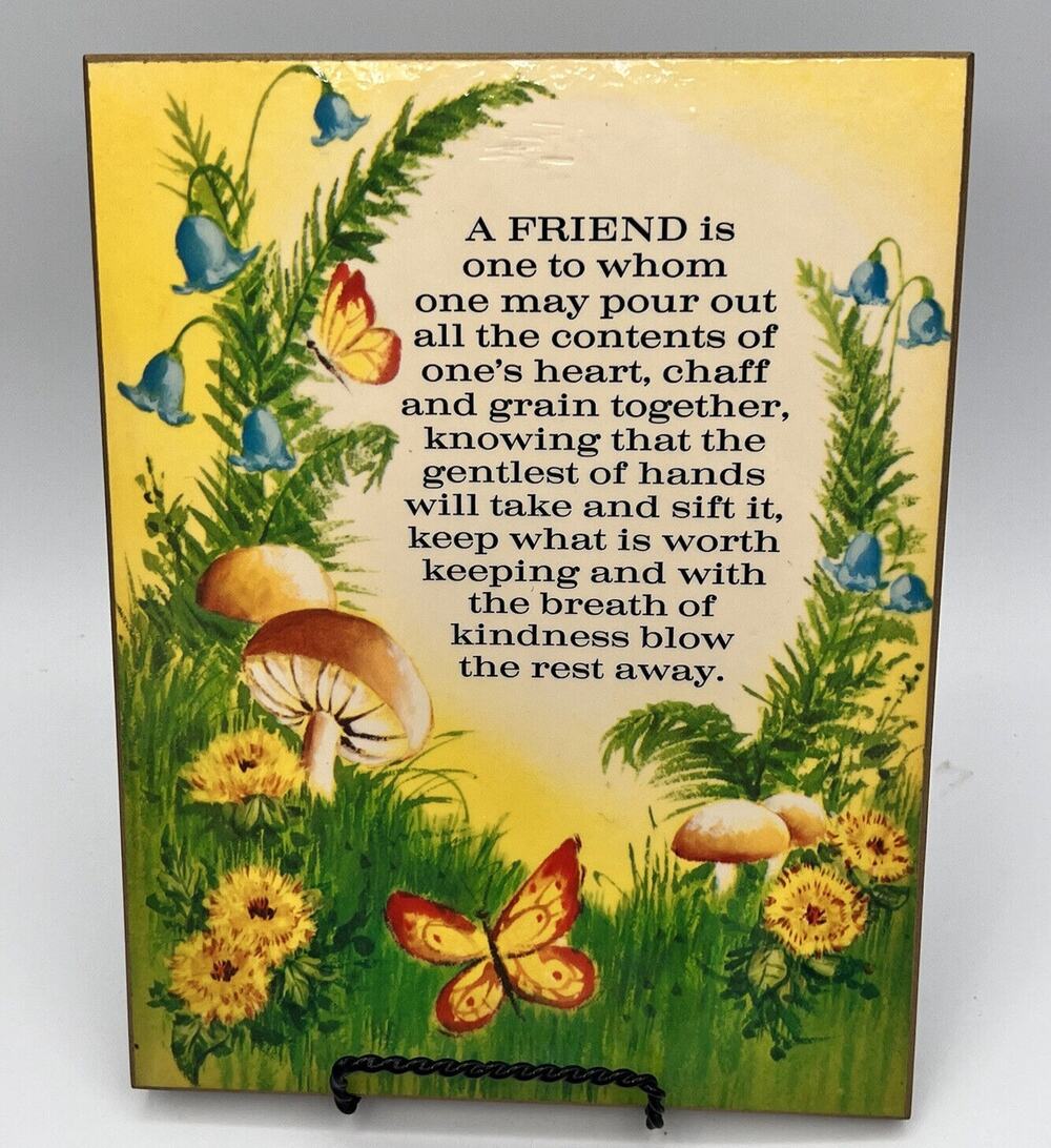 Vtg 1970 Friend Friendship Plaque Mushrooms Butterflies 9" Yellow Living Quotes